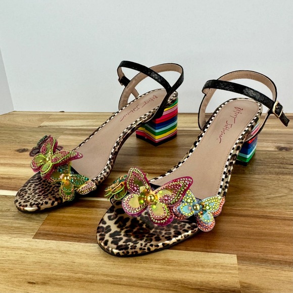 Betsey Johnson Guner Butterfly Leopard Rainbow Heels Strap Sandals Womens 10 - Picture 1 of 11